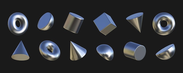 Set of 3D simple geometric shapes Chrome elements with a liquid metal texture for a Y2K style design