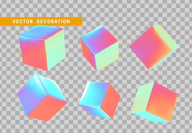 Set of 3d square cubes bright neon holographic color. Realistic design of geometric metal objects. vector illustration