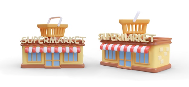 Set of 3D supermarket buildings front and side view