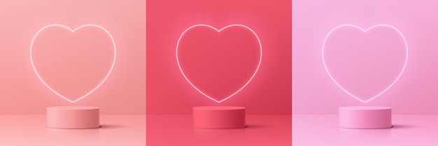 Set of 3D valentine day background with pink coral and red cylinder pedestal podium Neon light heart