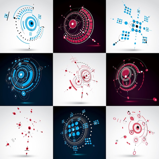 Set of 3d vector abstract backgrounds created in Bauhaus retro style. Geometric composition can be used as templates and layouts. Engineering technology wallpapers made with circles.