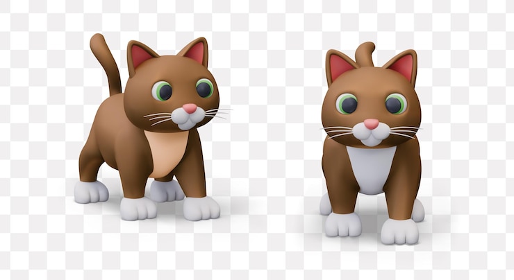 Vector 3d 터 고양이 세트: 가정용 털이 많은 동물, 애완동물, 작은 포식자, 전면 및 측면 뷰