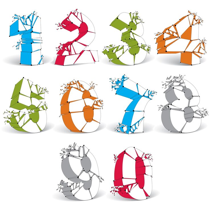 Vector set of 3d vector colorful wireframe numbers broken into different fragments, geometric polygonal numeration with lines mesh. low poly shattered typescript, perspective lattice elements.
