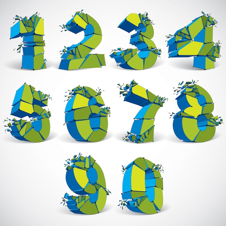Vector set of 3d vector green wireframe numbers broken into different fragments, geometric polygonal numeration with lines mesh. low poly shattered typescript, perspective lattice elements.