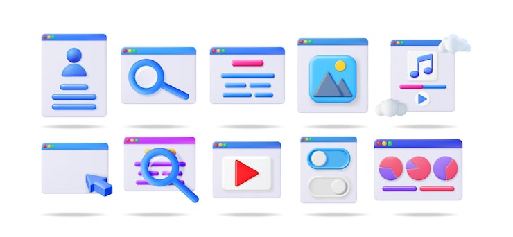 Vector set of 3d vector interface elements user profile search bar text box image music player empty window video toggle and chart windows