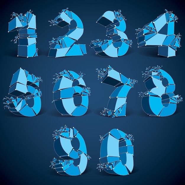 Set of 3d vector low poly blue numbers with white connected lines and dots, geometric wireframe luminescent font with fragments. Perspective shattered numeration with thread.