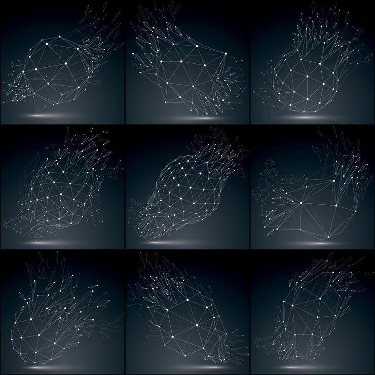 Vector 흰색 연결된 선과 점이 있는 3d 벡터 낮은 폴리 개체 집합, 입자가 있는 와이어프레임 모양. 관점 부서진 형태의 컬렉션입니다. 발광 효과, 통신 기술.