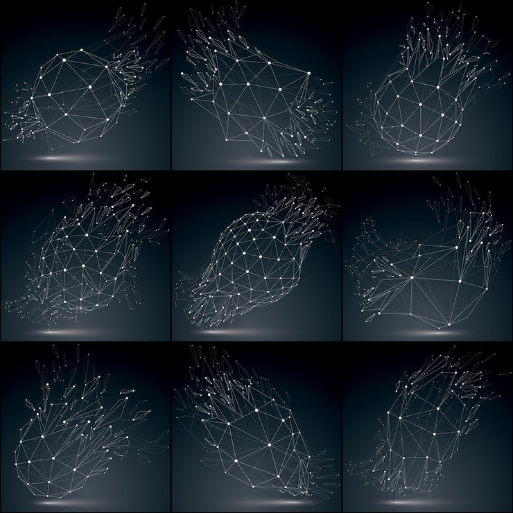 Vector set of 3d vector low poly objects with white connected lines and dots, wireframe shapes with particles. collection of perspective shattered forms. luminescent effect, communication technology.