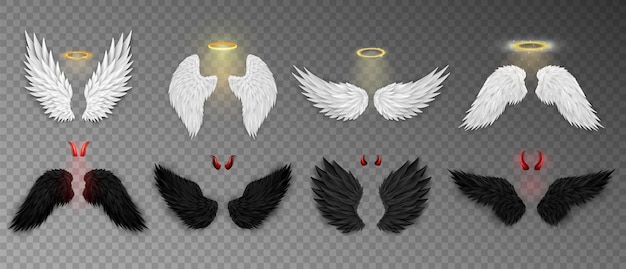 Set of 3D white angel wings with golden nimbus halo and black devil wings with red daemon horns