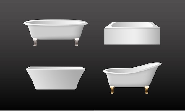 Vettore set di elementi di vasche da bagno bianche 3d per il bagno. vasche vintage con piedini retro dorato e argento