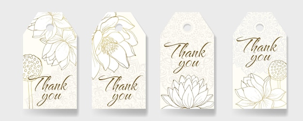 Vector set of 4 backgrounds with lotus flowers and shaped mandalas for thank you tags wedding tags