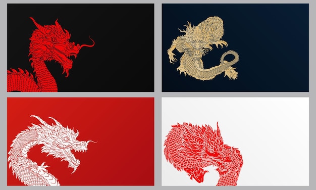 Set of 4 banners with angry flying dragon in Asian ink style Black blue red and white wallpapers