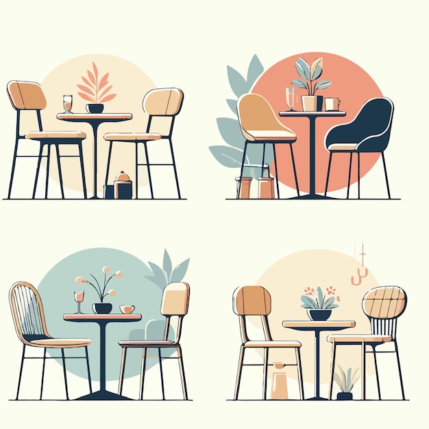 Vector set of 4 chairs in a simple and minimalist flat design style with a plain white background