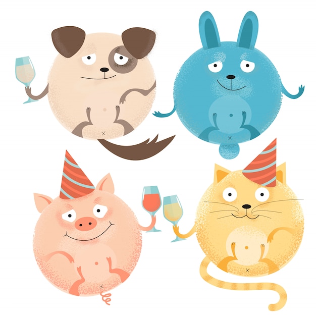 Set of 4 cheerful round animals on holiday with glasses in festive caps. happy smiling dog, rabbit, cat, pig.