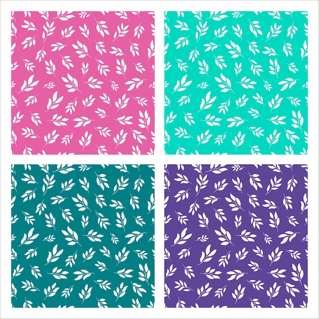 Set of 4 colorful seamless pattern with white leaves.