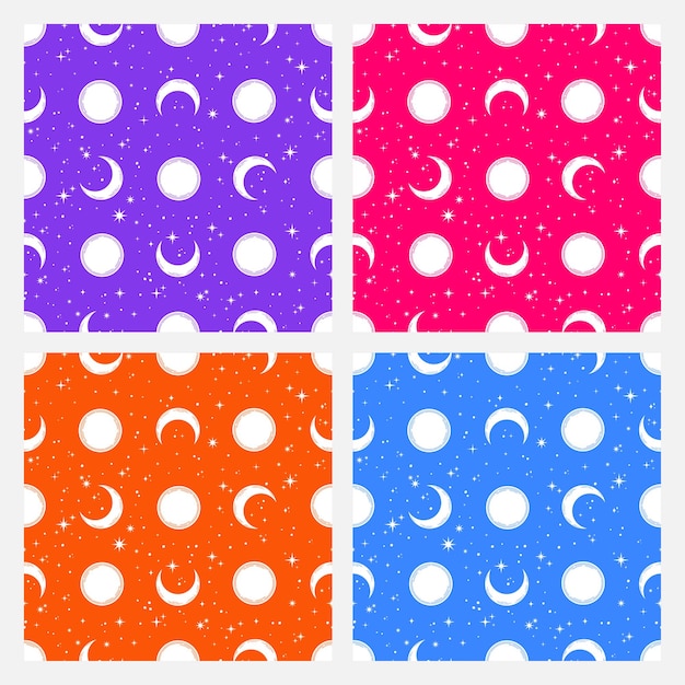 흰색 달이 있는 4개의 다채로운 원활한 패턴 세트