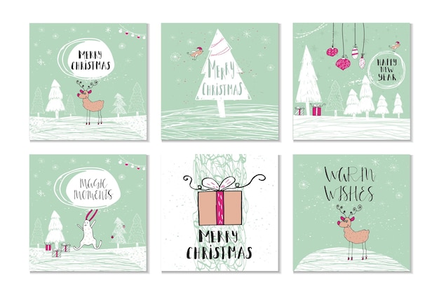 Vector set of 4 cute christmas gift cards with quote merry christmas merry and bright warm wishes