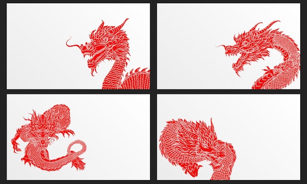 Set of 4 empty banners with red hand drawn solid Chinese dragon silhouettes for 2024 lunar new year