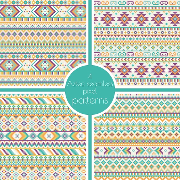 Set of 4 geometric tribal aztec pixel seamless patterns. retro vector cross stitch embroidery background. abstract design. ethnic hipster backdrop.