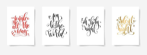 set of 4 hand lettering vector posters on a white sheet of paper - jingle all the way, joy to the world, oh holy night, silent night - calligraphy illustration collection