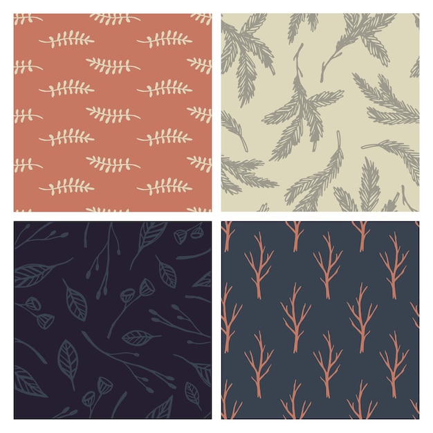 Set of 4 handdrawn forest backgrounds Seamless patterns