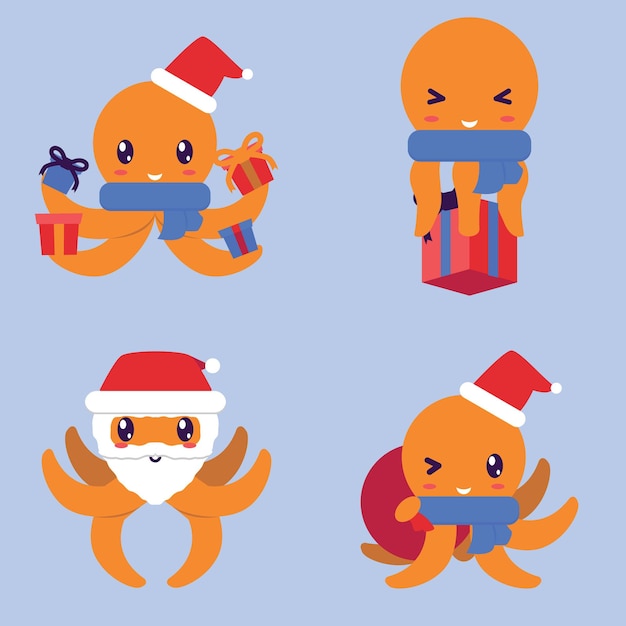 Set di 4 illustrazioni di personaggi di polpo che celebrano il natale