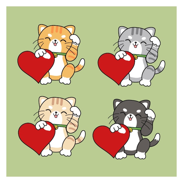 Vector set of 4 kawaii cats. cats hugging red heart for valentines day.