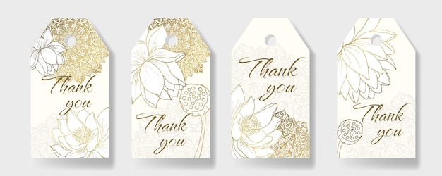 Vector set of 4 luxury backgrounds with lotus flowers and shaped mandalas for thank you tags