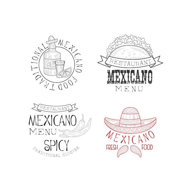 Vector set of 4 mexican restaurant logos hand drawn emblems with cultural symbols of mexico tequila bottle tacos chili peppers and sombrero hat with mustache monochrome vector icons isolated on white