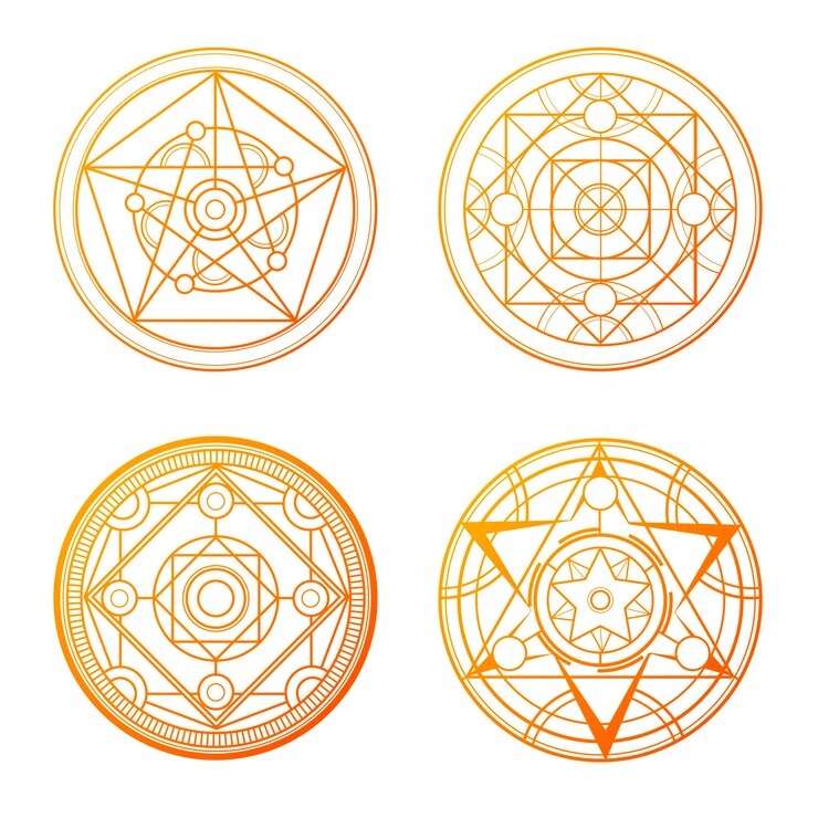 Set of 4 orange magic circles Mysterious alchemical circles