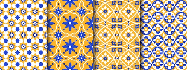 Vector set of 4 seamless patterns in the style of portuguese tiles made in bright blue and yellow colors