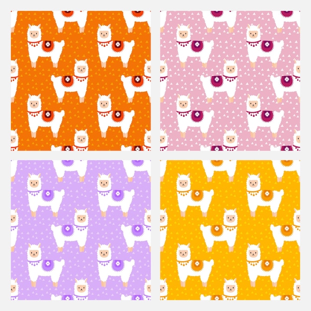 Set of 4 seamless patterns with cute alpacas. cute and childish design for fabric, textile