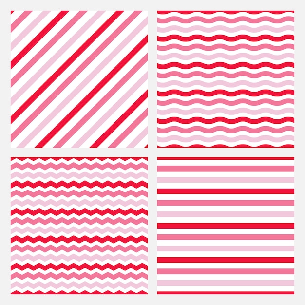 Vector set of 4 seamless patterns with pink and red stripes
