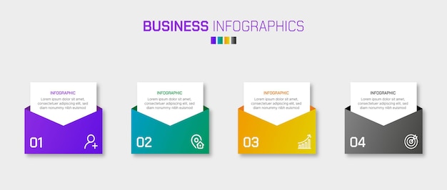 Una serie di elementi di infografica aziendale in 4 passaggi con forme di colore sfumato