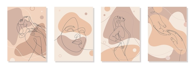 Set of 4 wall art posters single line drawn young woman figure body beauty face barely touching