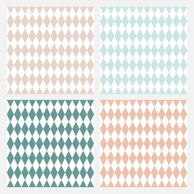 Set of 4 white seamless patterns with colorful rhombuses