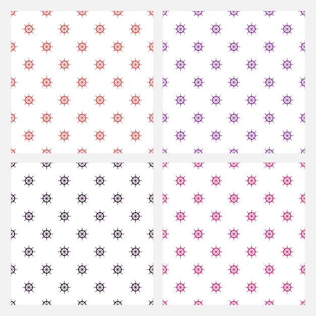 Vector set of 4 white seamless patterns with colorful ship wheels.