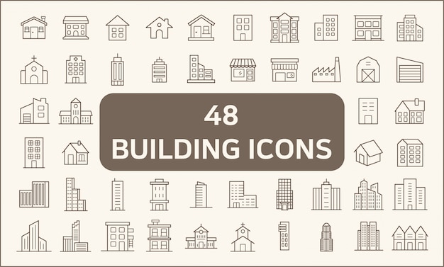 Set of 48 building and real estate icons line style.  contains such icons as house, constructor, city, town, apartment, office, church, structure and more.