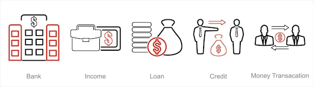 A set of 5 accounting icons as bank income loan