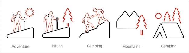 A set of 5 Adventure icons as adventure hiking climbing