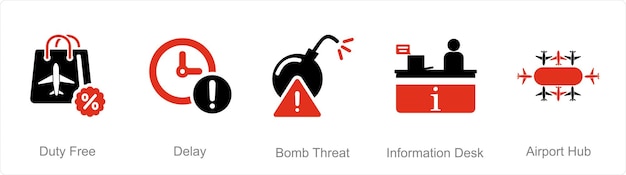 A set of 5 Airport icons as duty free delay bomb threat