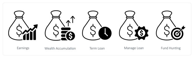 Vector a set of 5 banking icons as earnings wealth accumulation term loan