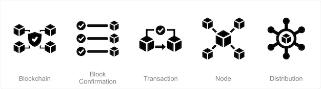 a set of 5 blockchain icons as blockchain block confirmation transaction