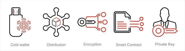 Vector a set of 5 blockchain icons as cold wallet distribution encryption