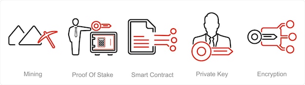 Vector a set of 5 blockchain icons as mining proof of stake smart contract