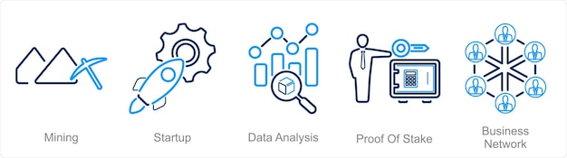 Vector a set of 5 blockchain icons as mining startup data analysis