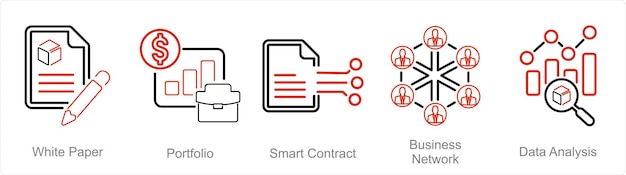 A set of 5 Blockchain icons as white paper portfolio smart contract