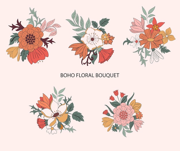 Vettore set di 5 illustrazioni vettoriali di boho floral bouquet in colore pesco rosso e arancione