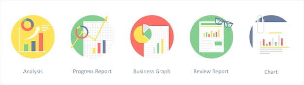 A set of 5 business flat icons such as analysis progress report