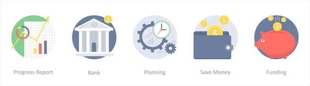 A set of 5 business flat icons such as progress report bank